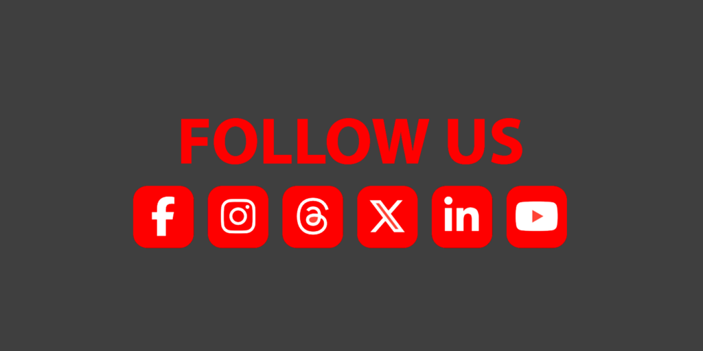 Follow us on social media icons for Facebook, Instagram, Threads, X (formerly Twitter), LinkedIn, and YouTube.
